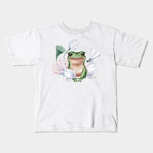 Cute frog in water lily flowers with dragonfly Kids T-Shirt